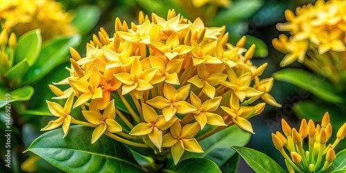 Stunning Yellow Ixora Flower Clusters: Close-up Product Photography of Vibrant Tropical Blooms