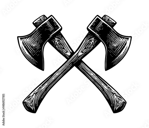 Two Crossed Axes in Detailed Black and White Engraved Style Illustration