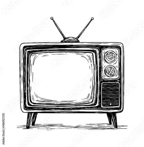 Vintage Television Set Illustration with Antenna and Textured Details in Black and White Sketch Style
