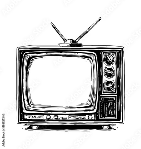 Retro Television Set with Antennae, Old Fashioned Television in Black and White Line Art