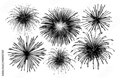 Monochrome Vector Set of Fireworks Bursting Celebration Display Background Illustration