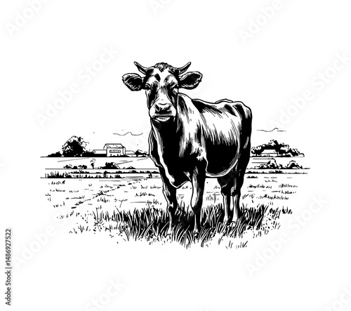 Cow Standing in a Field Farm Landscape Illustration in Black and White Engrave Style