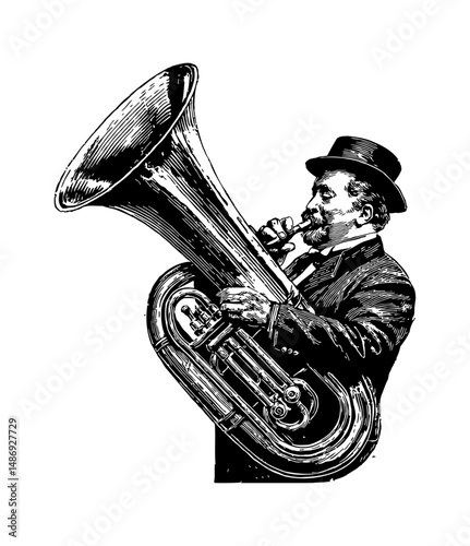 Man Plays Tuba in Engraved Black and White Style with Moustache and Hat Portrait
