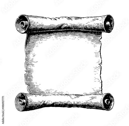 Antique Scroll Paper Parchment with Rolled Ends in Detailed Black and White Drawing