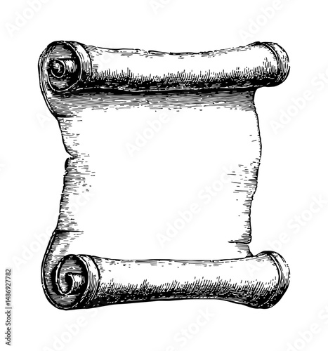 Antique Parchment Scroll Illustration Isolated on White in Detailed Black and White Engraving Art