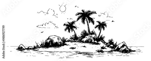 Hand Drawn Tropical Island with Palm Trees, Rocks, and Water, Black and White Illustration