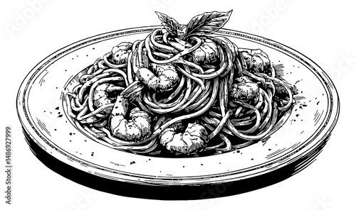 Illustration of Delicious Shrimp Pasta on Plate with Basil in Black and White
