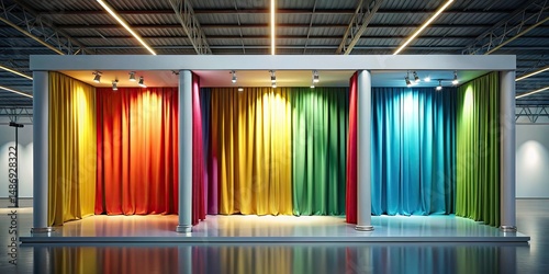 Minimalist Exhibition Stand Design, Colorful Drapes, Trade Show Booth, Event Decor, Modern Display, Abstract Curtains,  Bright Fabrics, Clean Lines, Simple Background