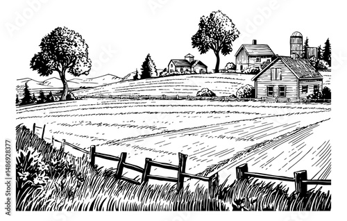 Vintage Farm Landscape with Fields, Houses, Trees and Fence in Black and White Line Art