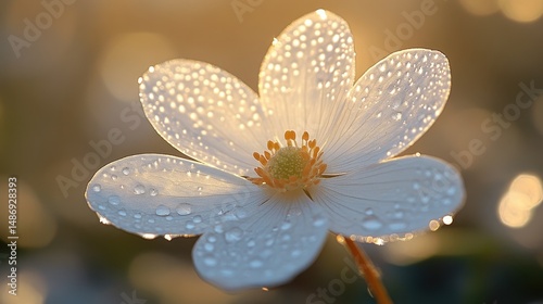 Close Up of a Dew Covered White Flower in Soft Golden Light