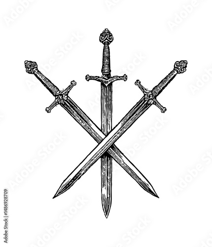 Three crossed swords with detailed engravings and textures create a strong visual impact
