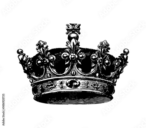 Detailed Black and White Engraving of an Ornate Royal Crown on a White Background