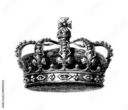 Detailed Engraved Illustration of a Crown with Cross on Top in Black and White