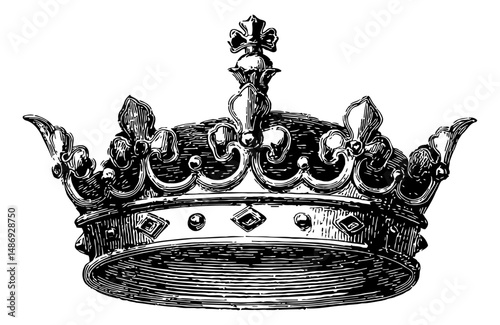 Elegant Detailed Black and White Drawing of Crown with Ornate Jewels and Floral Details