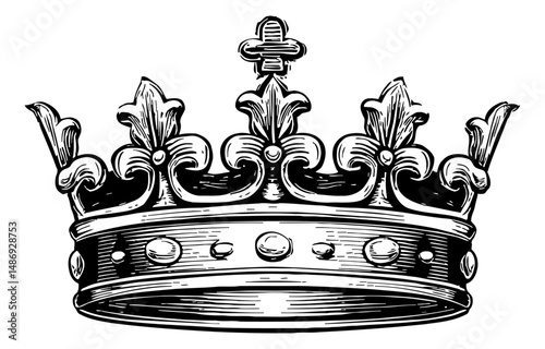 Detailed Black and White Engraved Crown with Fleur de Lis and Circle Patterns