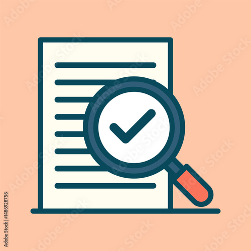 Magnifying verification marks sheet showing completed documents cartoon flat design illustration