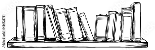 Books on shelf hand drawn sketch. Stack of books. Education, library, study