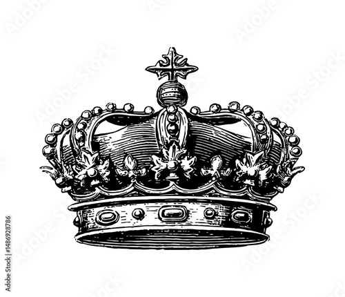 Isolated Ornate Detailed Royal Crown with Cross Topper Black and White Line Art Drawing
