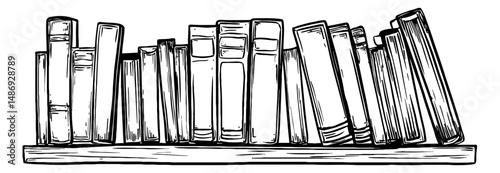 Row of Various Books Standing on Shelf Hand Drawn Black and White Outline Sketch