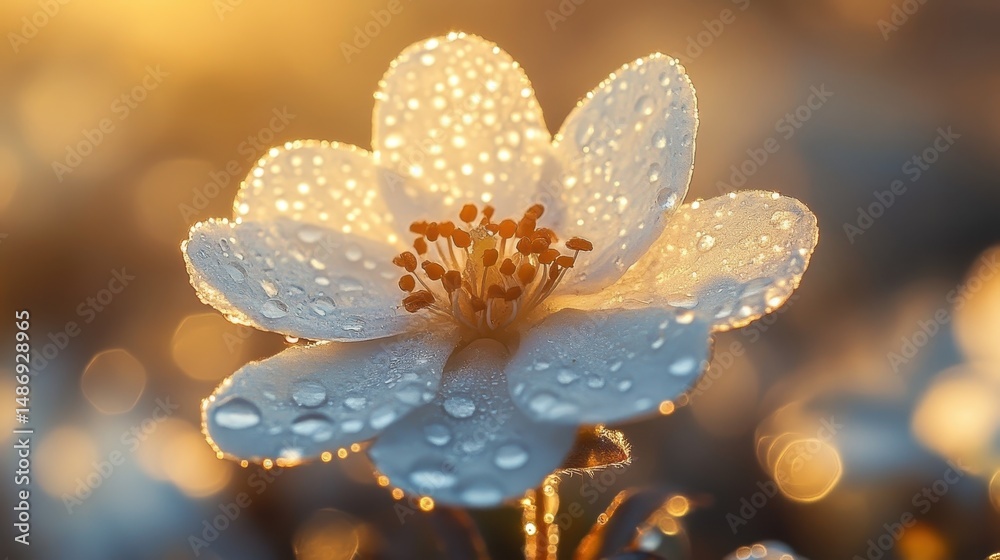 Fototapeta premium Close Up of Dew Covered White Flower in Soft Golden Sunrise Light
