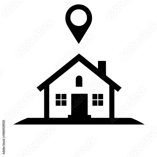 Home building icon with location pin representing real estate search, property listings, and house finding services