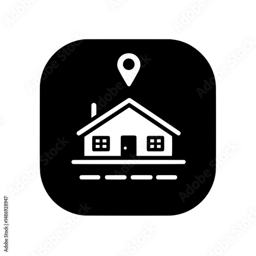 Location pin on home icon in rounded square representing real estate, GPS navigation, and housing apps