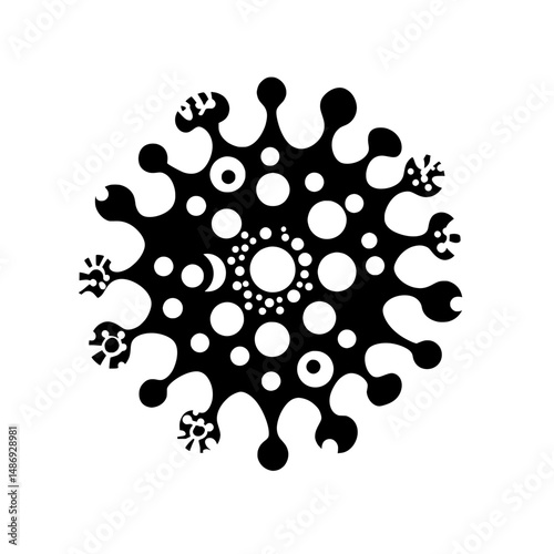 Abstract virus icon with multiple dots and extending arms representing viral spread and microbiology concepts