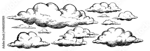 Hand Drawn Illustration of White Cumulus and Cirrus Clouds in the Sky for Background