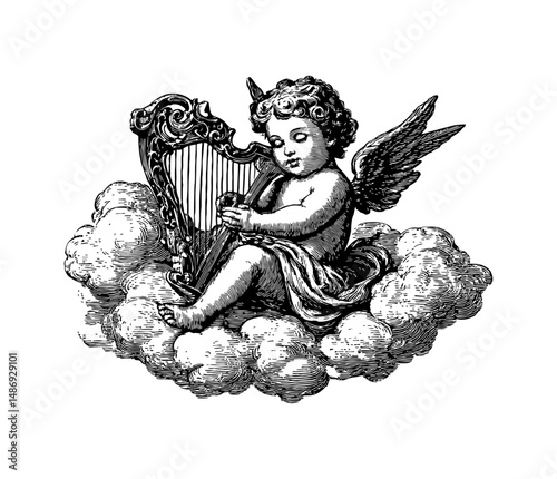 Engraving Illustration of a Cherub Playing Harp on Cloud with Detailed Black and White Line Art