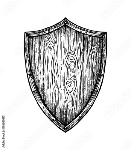 Detailed wood shield with outline in vintage engraving art style black and white