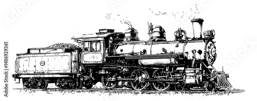Vintage Black and White Train Locomotive Engraving Style Detailed Illustration