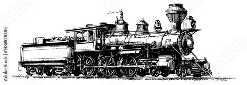 Vintage Steam Train Locomotive Engine Illustration in Black and White Detailed Drawing