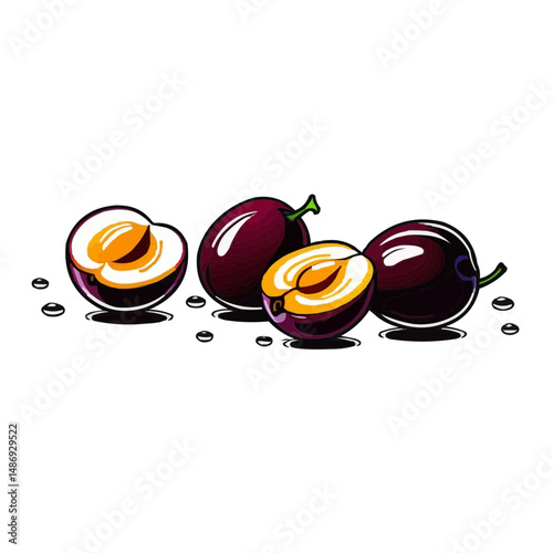 Realistic Plums with Water Drops Vector Illustration
