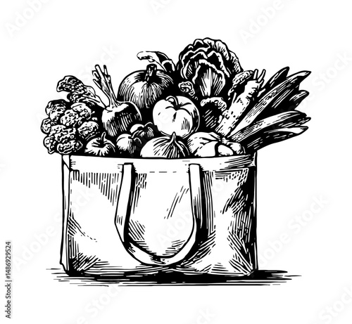 Black and White Engraved Illustration of Vegetables in a Shopping Bag. Groceries Shopping Concept