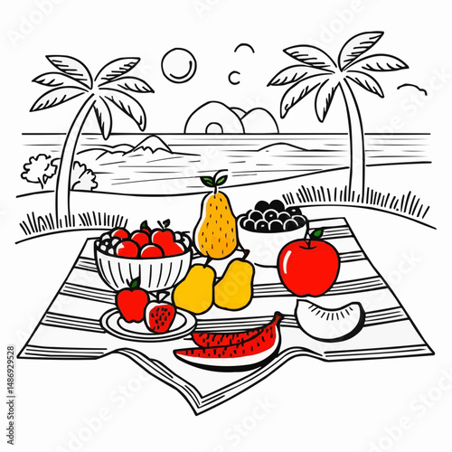 Summer Beach Picnic Scene with Food and Palm Trees Vector Illustration