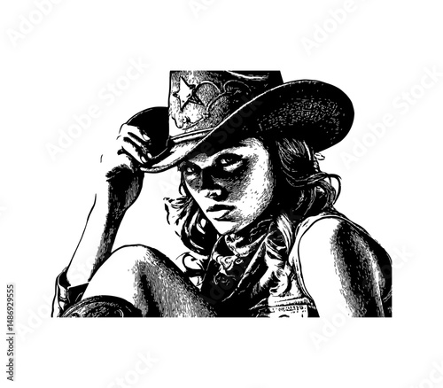 Portrait of a Confident Cowgirl with Cowboy Hat in Detailed Black and White Engraved Style