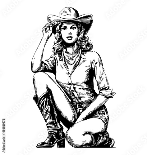 Cowgirl in Hat and Boots Squatting Down Isolated on White in Detailed Black and White Illustration