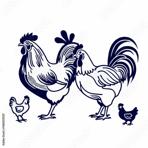 Blue Roosters and Chicks Family Vector Illustration