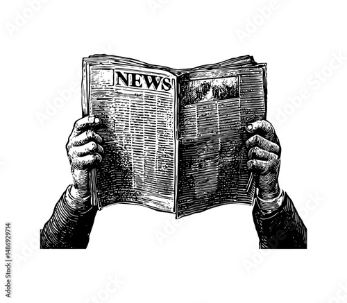 Engraved Illustration of Hands Holding Open Newspaper with Headline News