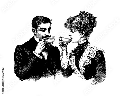 Elegant Man and Woman Drinking Tea or Coffee Together in Detailed Vintage Style