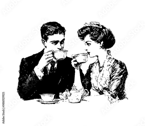 Elegant Couple Enjoying Tea Time Together in Detailed Black and White Vintage Illustration