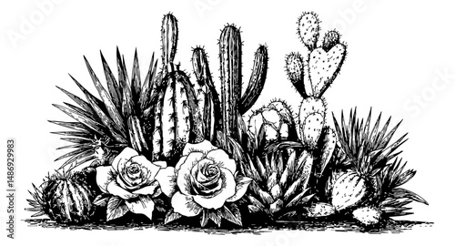 Engraved Illustration of Cactus and Roses in Black and White, with Thorns and Detailed Lines