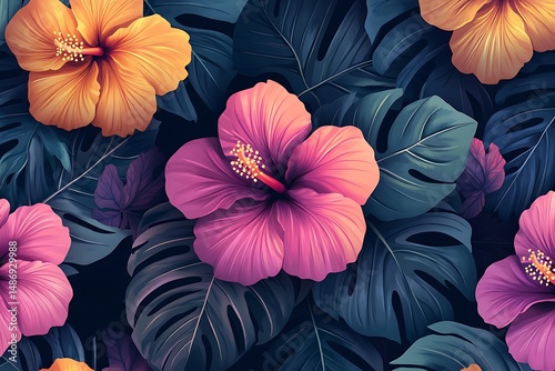 Vibrant Pink Hibiscus Flowers with Lush Green Leaves on a Light Background