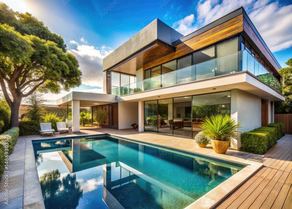 Fototapeta premium Modern House Exterior, Swimming Pool, Architectural Photography, AI Generated Image