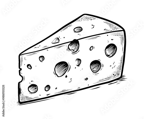 Hand Drawn Sketch Illustration of Cheese Wedge with Holes and Black Lines