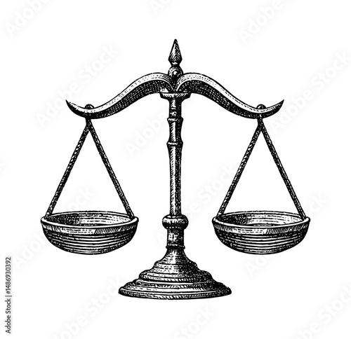 Engraved Illustration of Balanced Scales of Justice with Detailed Shading on White Background