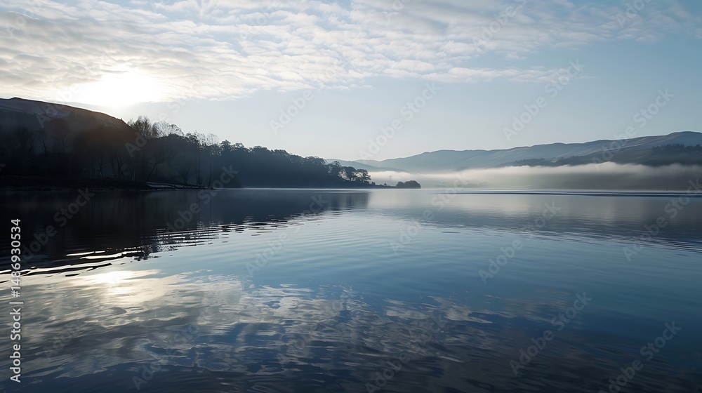 Fototapeta premium Calm Lake Reflecting Sky And Mountains In Daylight With Mist And Fog