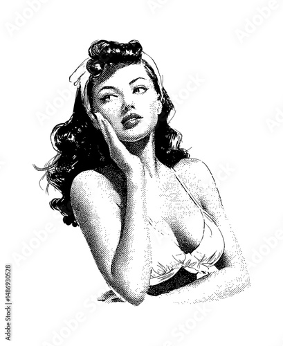 Pensive Woman in Bikini with Hand on Cheek in Black and White Halftone Pin-up Style Art