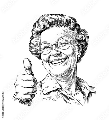 Smiling Senior Woman Giving Thumbs Up in Detailed Black and White Line Art Drawing