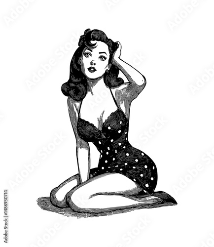Glamorous woman in polka dot dress posing with hand on head engraving vintage style